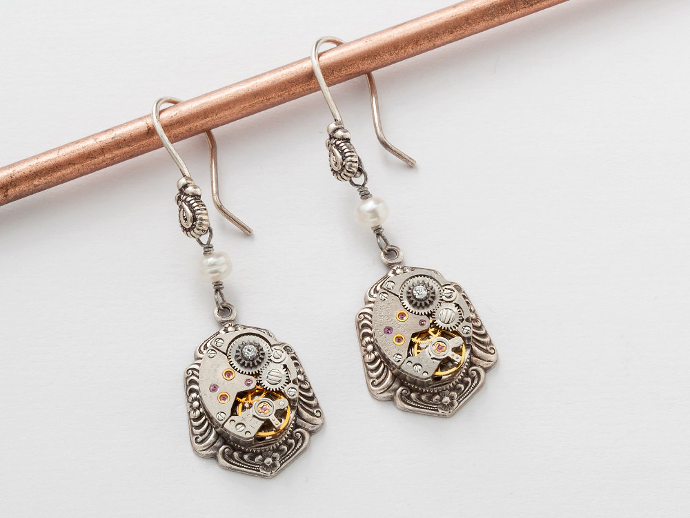 Steampunk Earrings watch movement gears genuine pearl dangle Swarovski crystal silver flower drop earrings jewelry