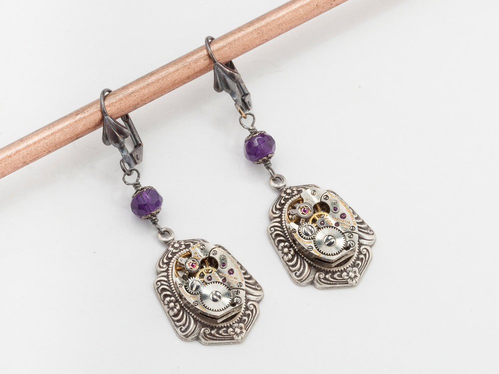 Steampunk Earrings watch movement gears purple Amethyst silver flower filigree Victorian drop dangle earrings Steampunk jewelry