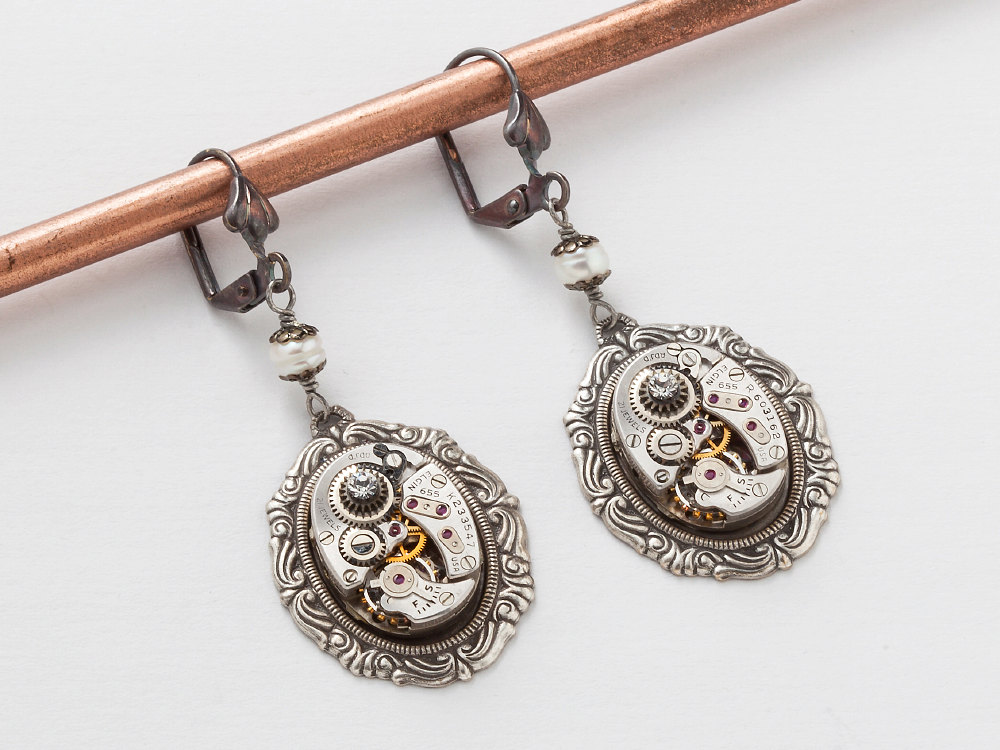 Steampunk Earrings watch movements gear silver filigree pearl Swarovski crystal dangle drop earrings Wedding Steampunk jewelry