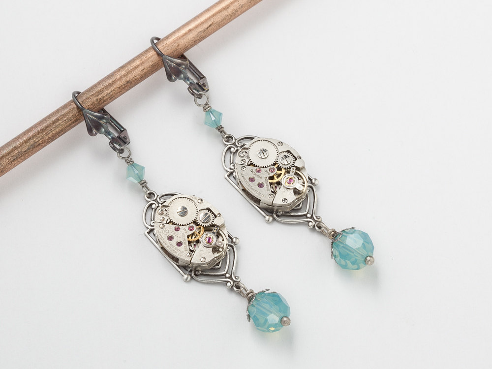 Steampunk Earrings watch movements gears silver filigree blue opal Swarovski crystal dangle drop wedding Steampunk jewelry