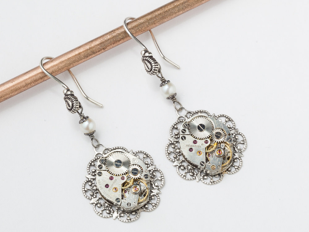Steampunk Earrings watch movements gears silver filigree flower dangle drop earrings genuine pearl wedding Steampunk jewelry