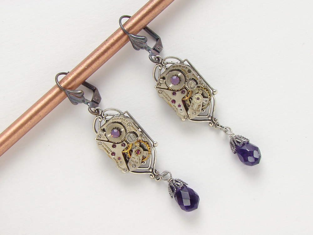 Steampunk Earrings watch movements gears silver filigree genuine Amethyst purple opal Swarovski crystal