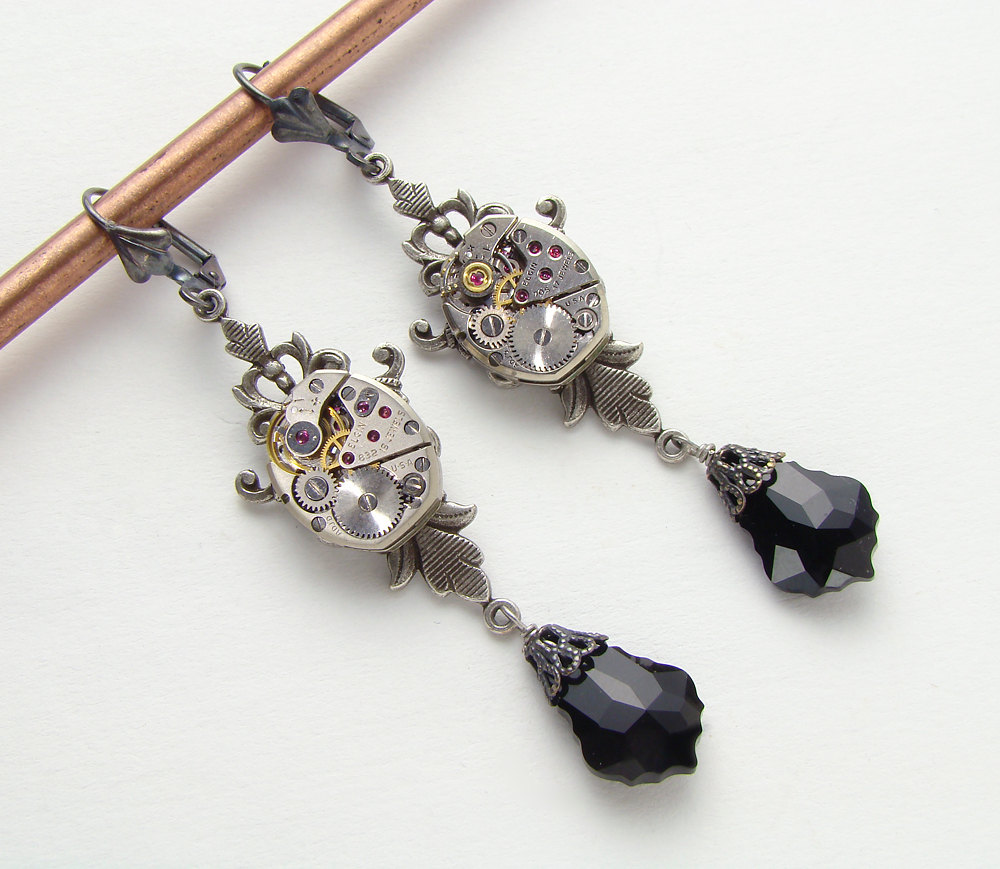 Steampunk Earrings watch movements gears silver filigree Jet Black Swarovski crystal jewelry