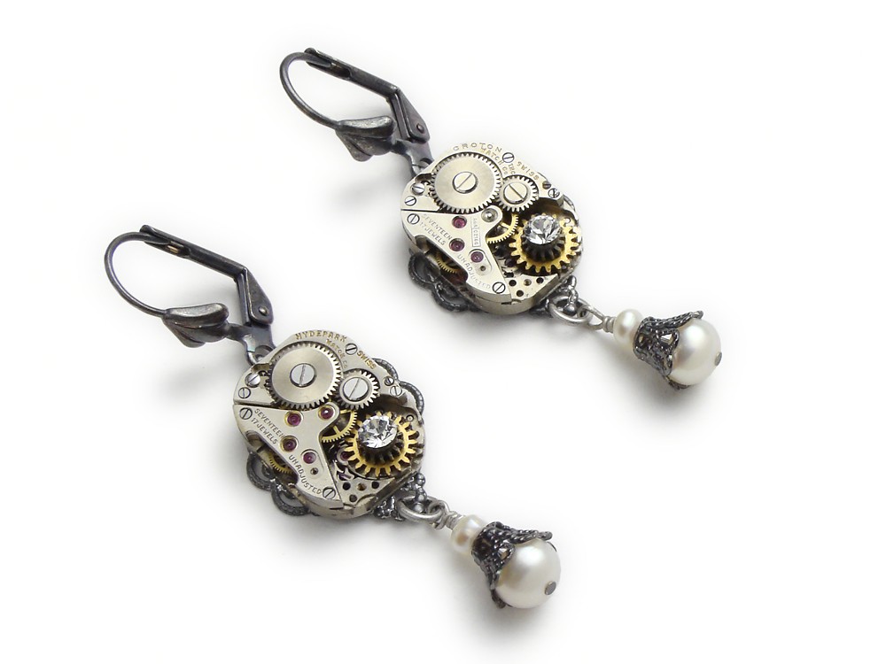 Steampunk Earrings wristwatch movements gears cogs wheels antique 1940 silver motif filigree bezels with genuine pearls Swarovski crystal dangle vintage