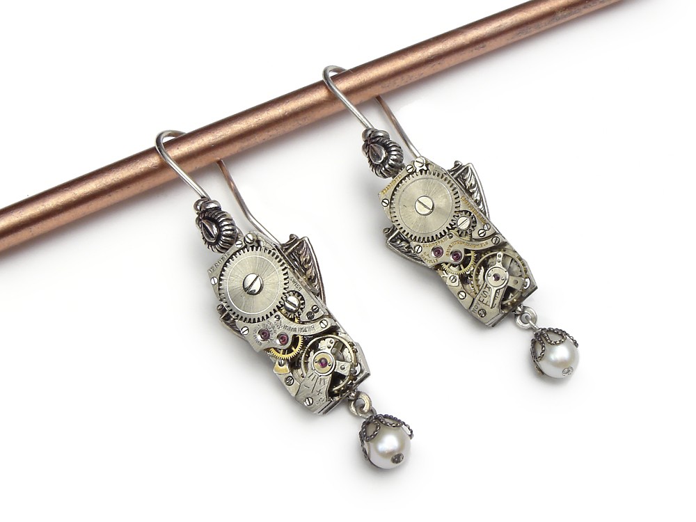 Steampunk Earrings wristwatch movements with gears antique 1940 silver motif with genuine pearls capped in filigree dangle