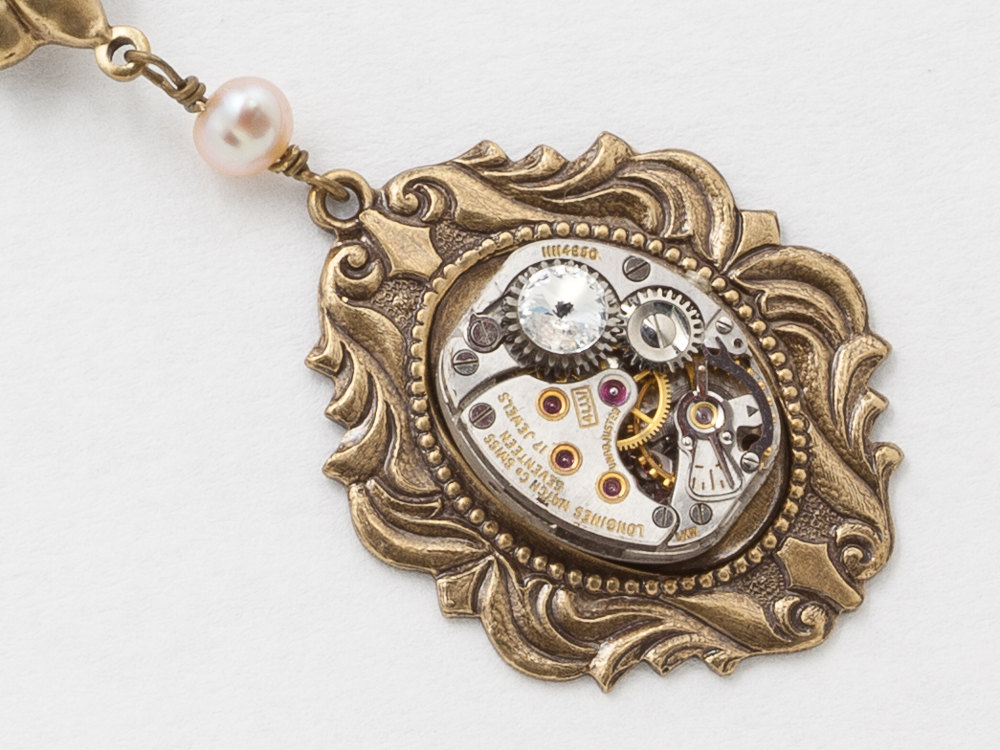 Steampunk Gold Dragonfly Necklace Silver Longines Watch with Blush Pink Pearls Crystal and Filigree Pendant Statement Jewelry