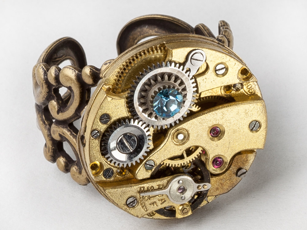 Steampunk Gold Filigree Ring Victorian Watch Movement with Clockwork Gears Topaz Blue Swarovski Crystal with Adjustable Band