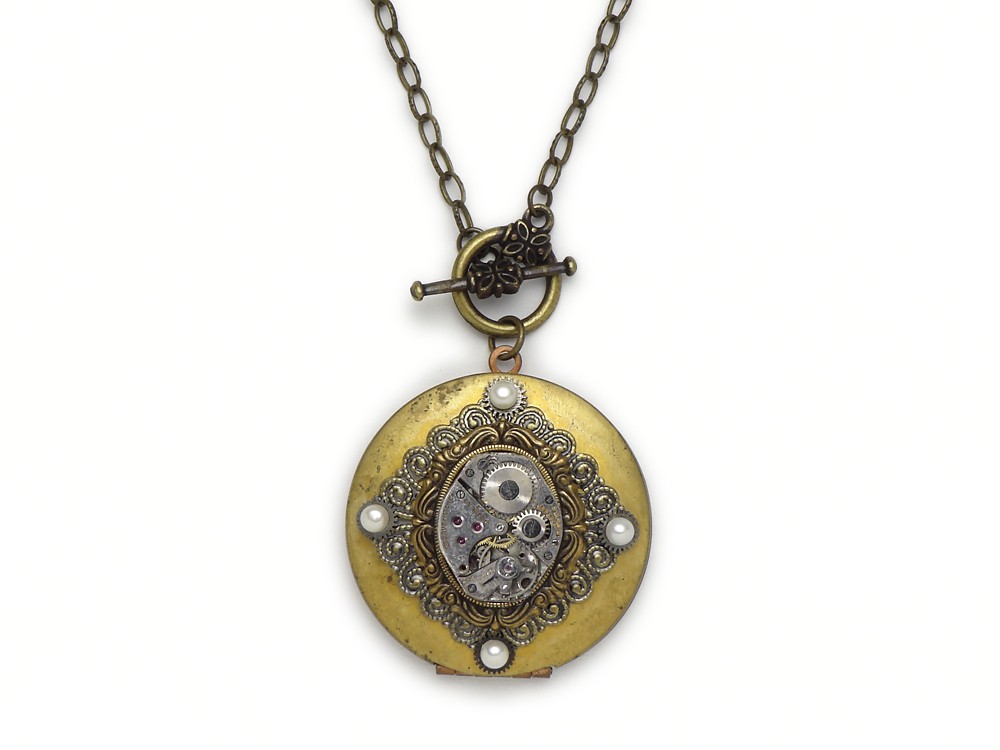 Steampunk gold locket silver Benrus wristwatch movement gears antique 1940 vintage filigree genuine freshwater pearls lariat necklace pendant