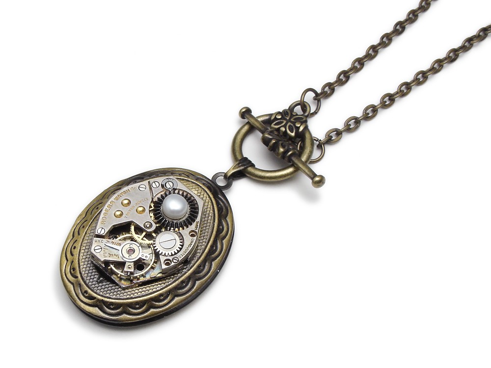 one of a kind steampunk Vintage Pendant Necklace pearl pendant