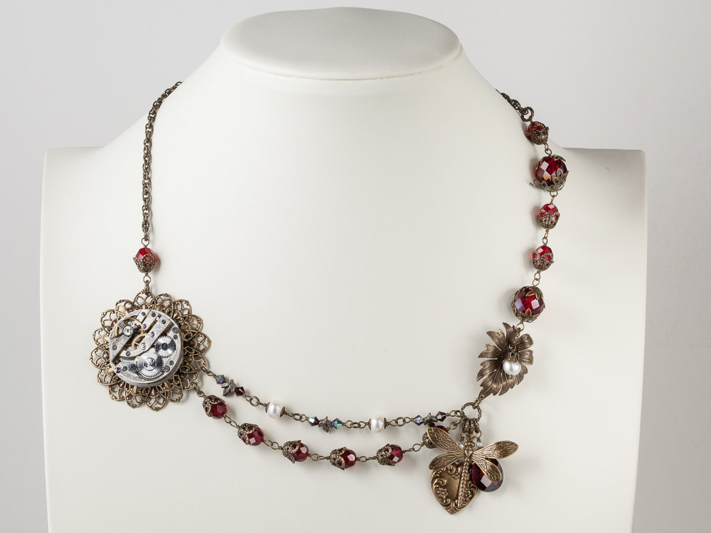 Steampunk Jewelry Necklace silver pocket watch garnet red crystal gold flower leaf heart dragonfly charm pearl Statement Strand
