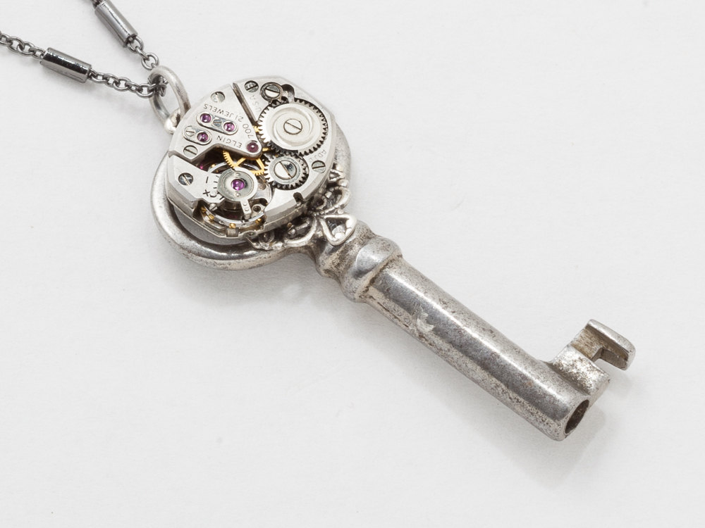 Steampunk Jewelry Necklace Victorian skeleton key watch movement gear silver flower filigree pendant Statement