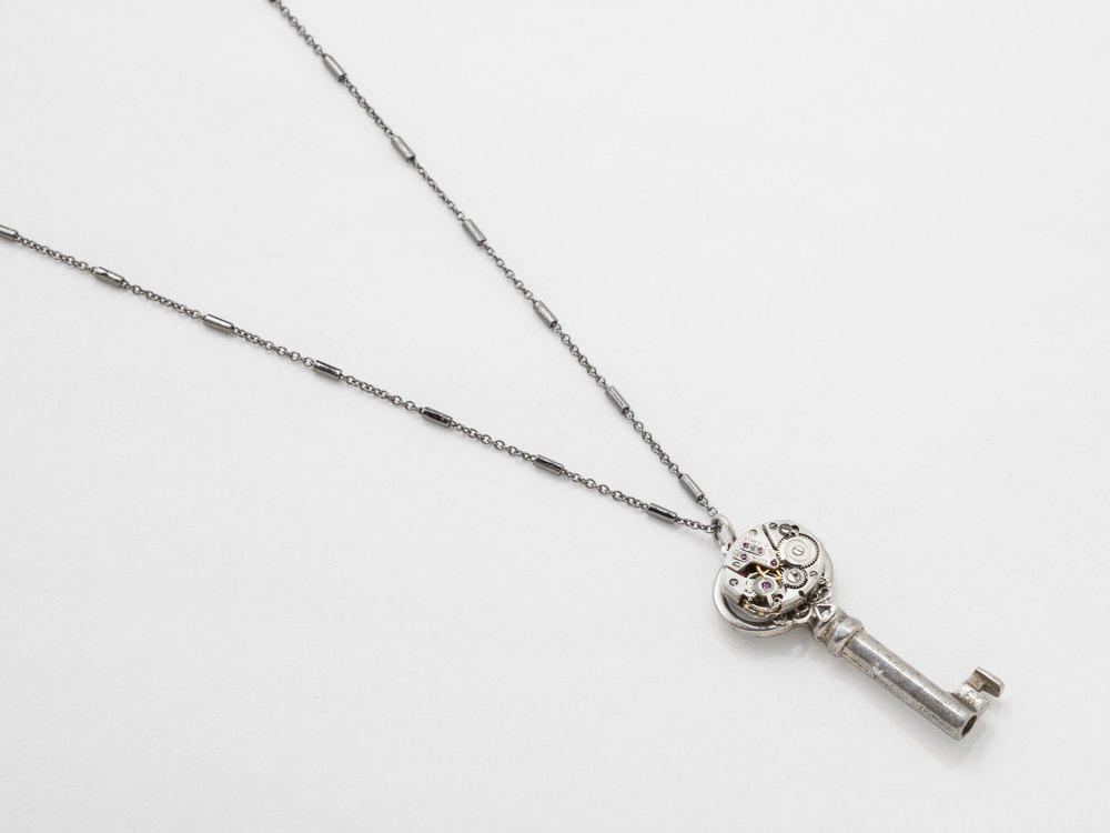 Steampunk Jewelry Necklace Victorian skeleton key watch movement gear silver flower filigree pendant Statement