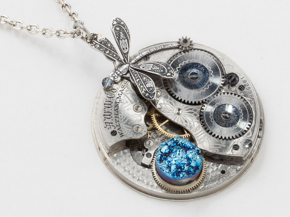 Steampunk Jewelry Necklace Waltham pocket watch movement gears blue druzy quartz agate silver dragonfly pendant Statement
