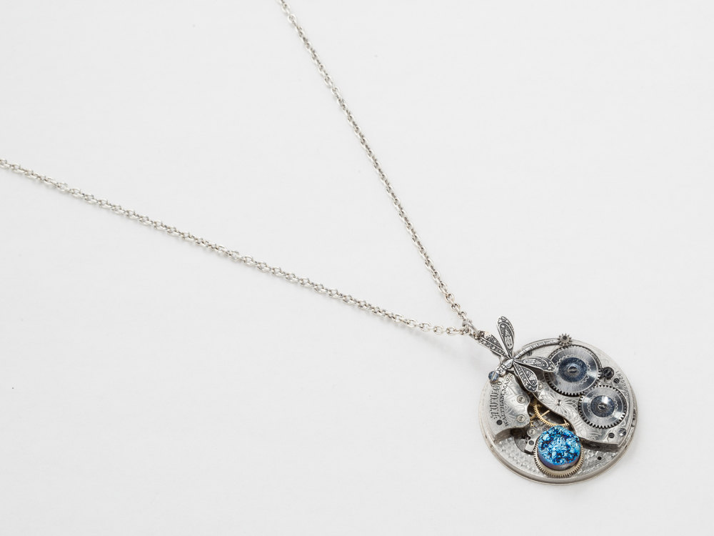 Steampunk Jewelry Necklace Waltham pocket watch movement gears blue druzy quartz agate silver dragonfly pendant Statement