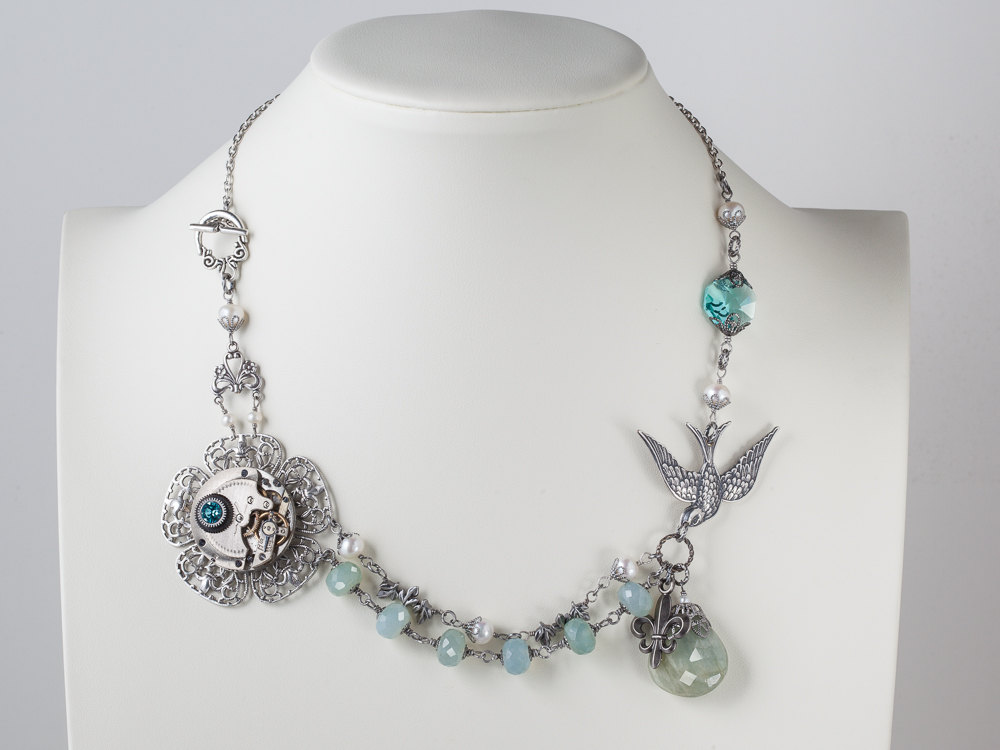 Steampunk Jewelry pocket watch silver fleur de lis flower leaf bird pearl Aquamarine blue crystal Statement Strand Necklace