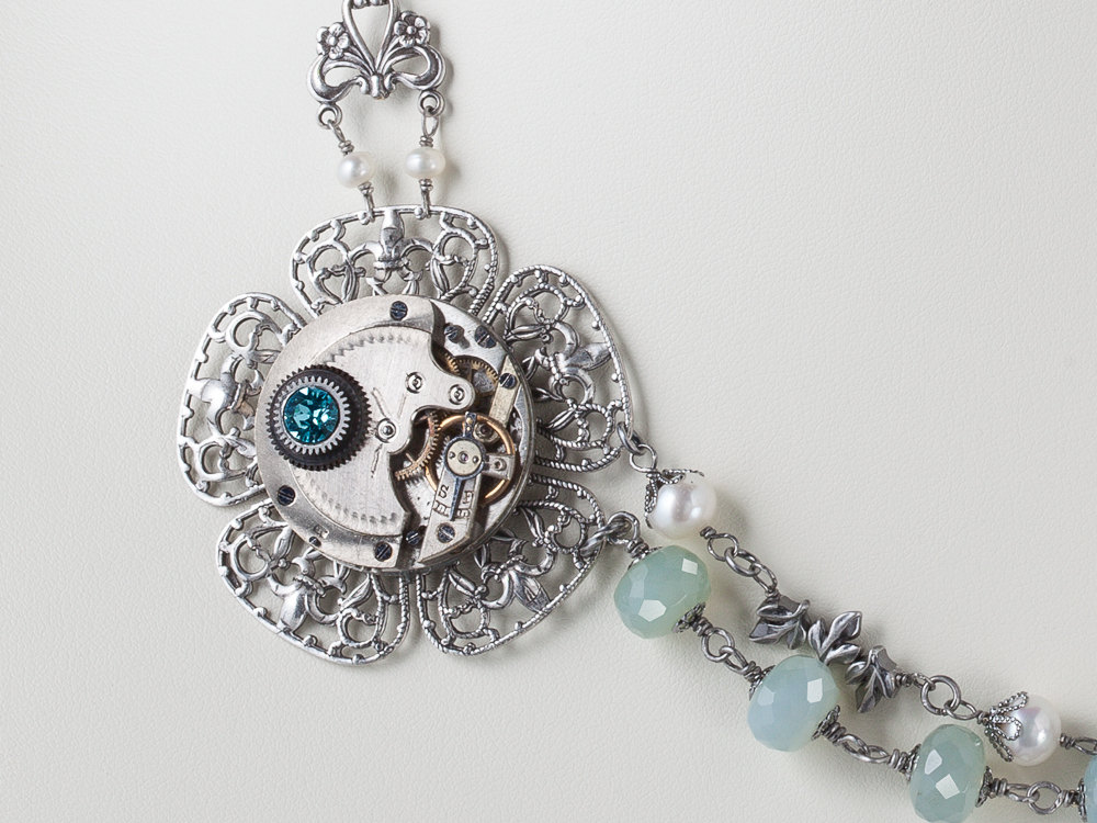 Steampunk Jewelry pocket watch silver fleur de lis flower leaf bird pearl Aquamarine blue crystal Statement Strand Necklace