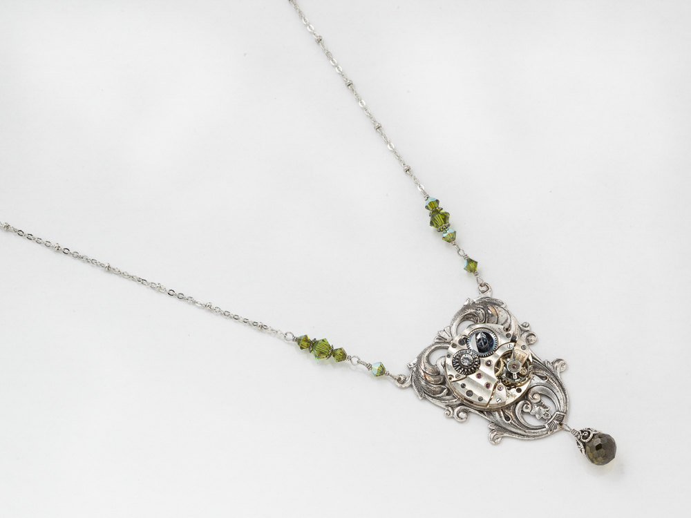 Steampunk Jewelry Statement Necklace with Watch Movement Pendant Silver Floral Filigree and Green Peridot Crystal