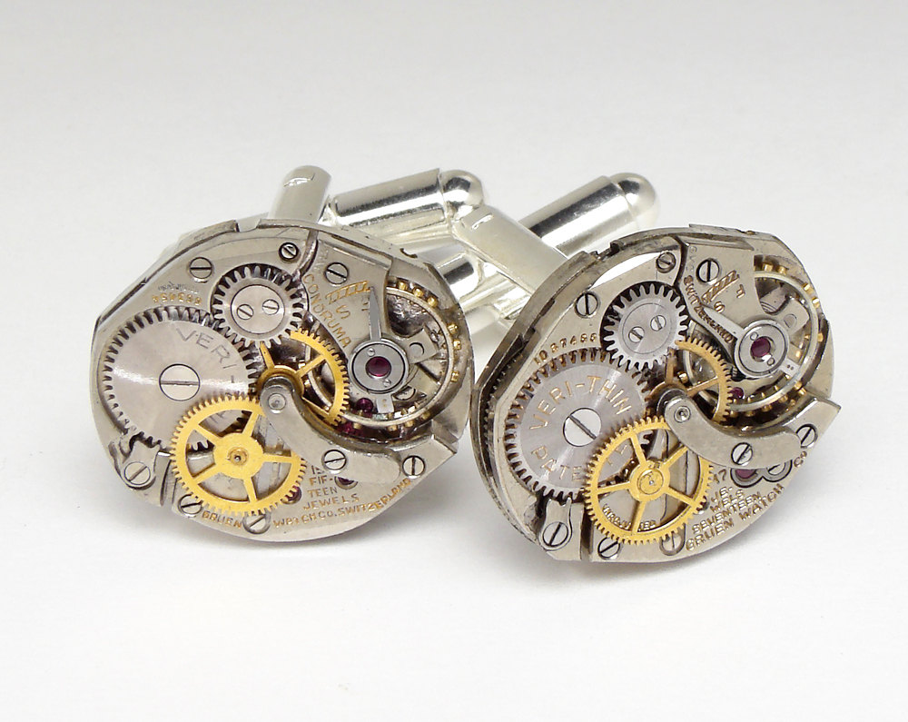 Steampunk Jewelry Steampunk Cufflinks vintage Gruen watch movements wedding anniversary silver cuff links men jewelry