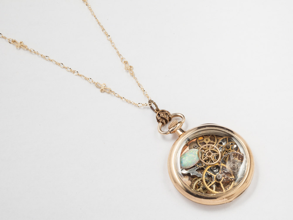Steampunk jewelry Steampunk Necklace 14k gold filled Pocket watch movement case gears silver butterfly Opal Pendant Statement