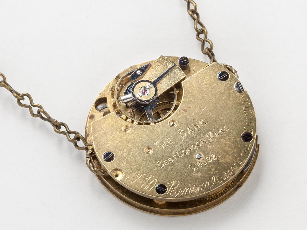 Steampunk jewelry Steampunk Necklace Antique gold English pocket watch movement Black crystal Filigree Victorian Pendant Statement