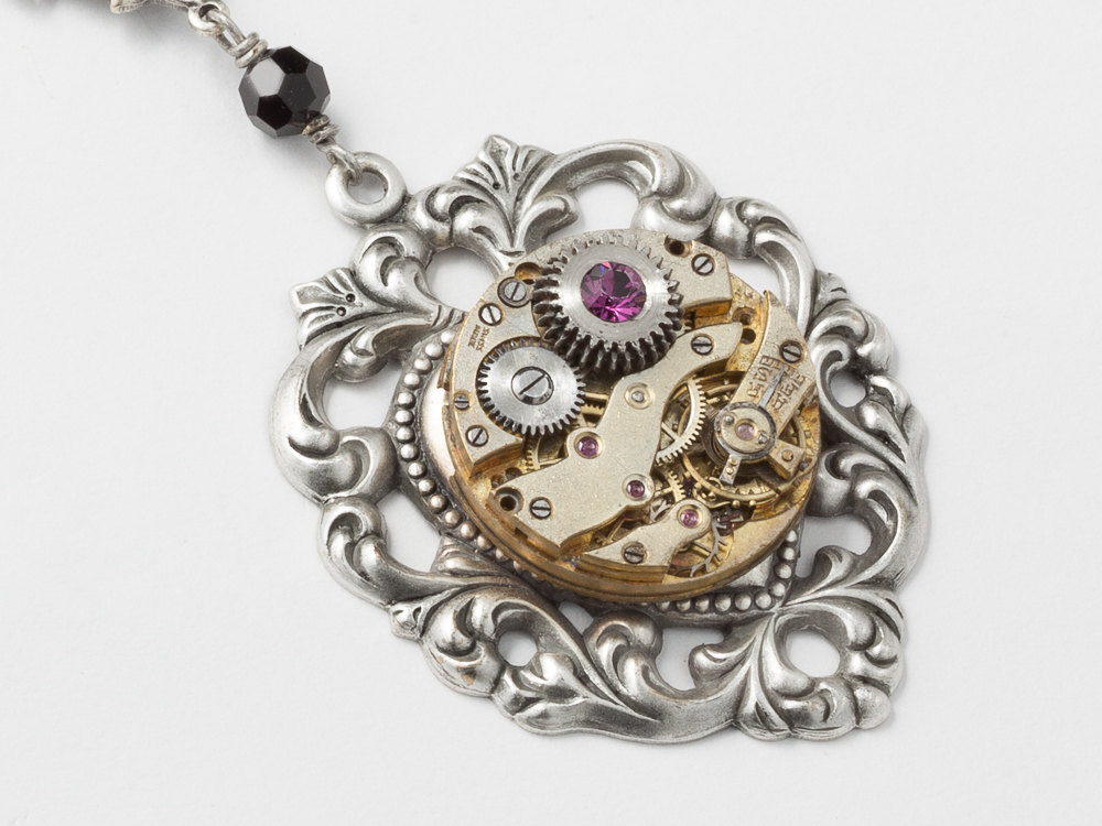 Steampunk Jewelry Steampunk Necklace gold watch movement gear silver heart leaf filgree Victorian Amethyst purple black crystal
