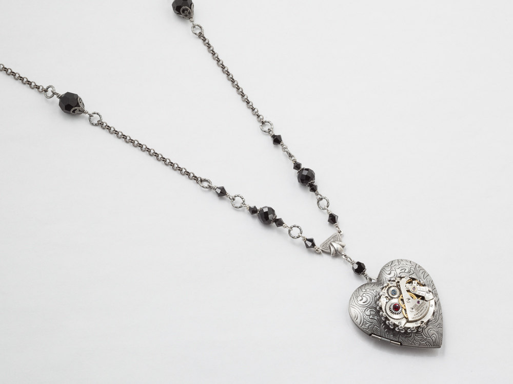 Steampunk jewelry Steampunk Necklace Heart Locket watch movement gears black red garnet crystal silver leaf pendant Statement