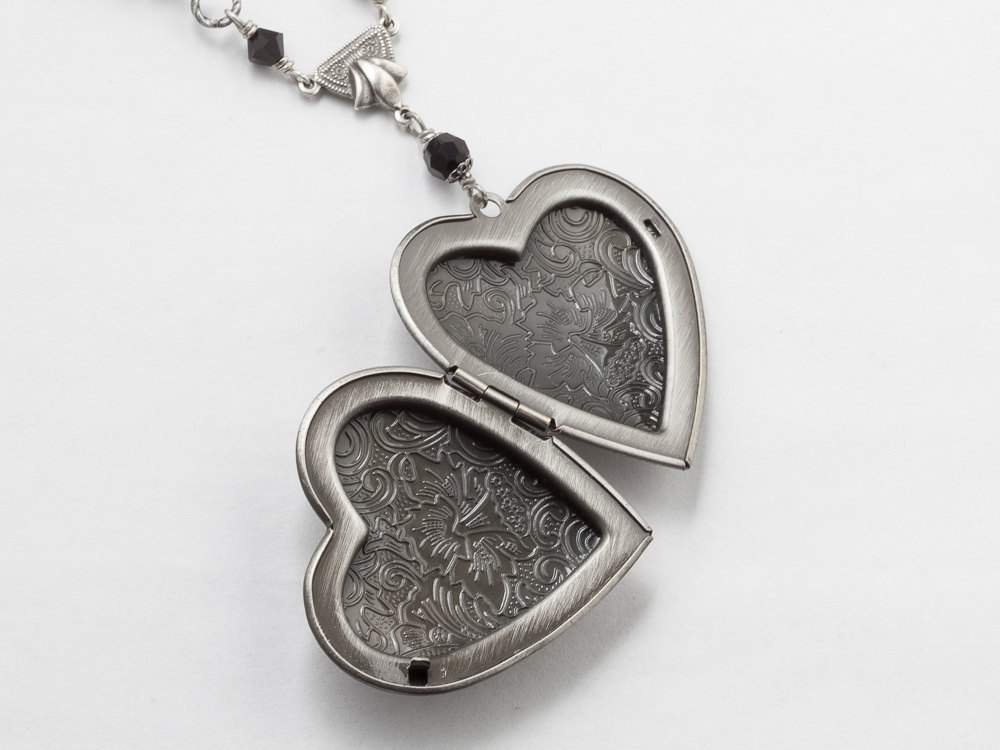 Steampunk jewelry Steampunk Necklace Heart Locket watch movement gears black red garnet crystal silver leaf pendant Statement