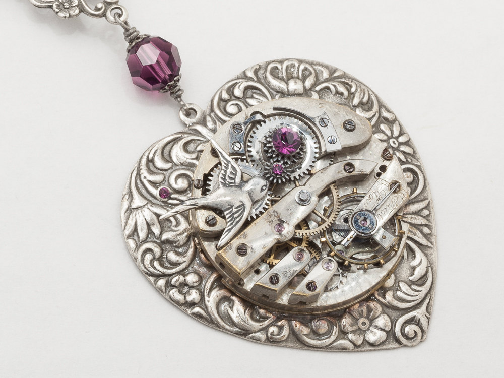 Steampunk Jewelry Steampunk Necklace Pocket watch gear movement silver heart bird leaf flower Victorian Amethyst purple crystal
