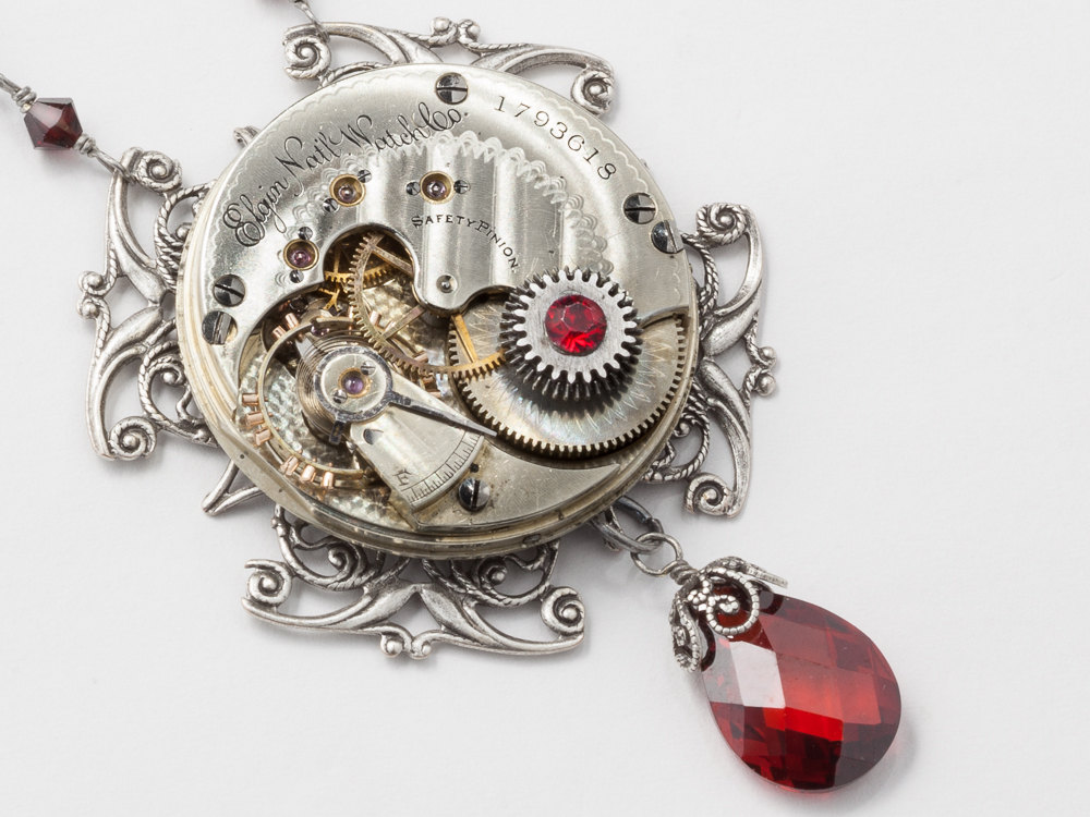 Steampunk Jewelry Steampunk Necklace pocket watch movement gears garnet red crystal silver filigree birds Statement Necklace