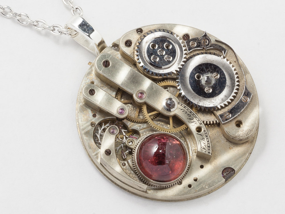 Steampunk jewelry Steampunk Necklace pocket watch movement gold gears genuine red garnet mens womens pendant Statement