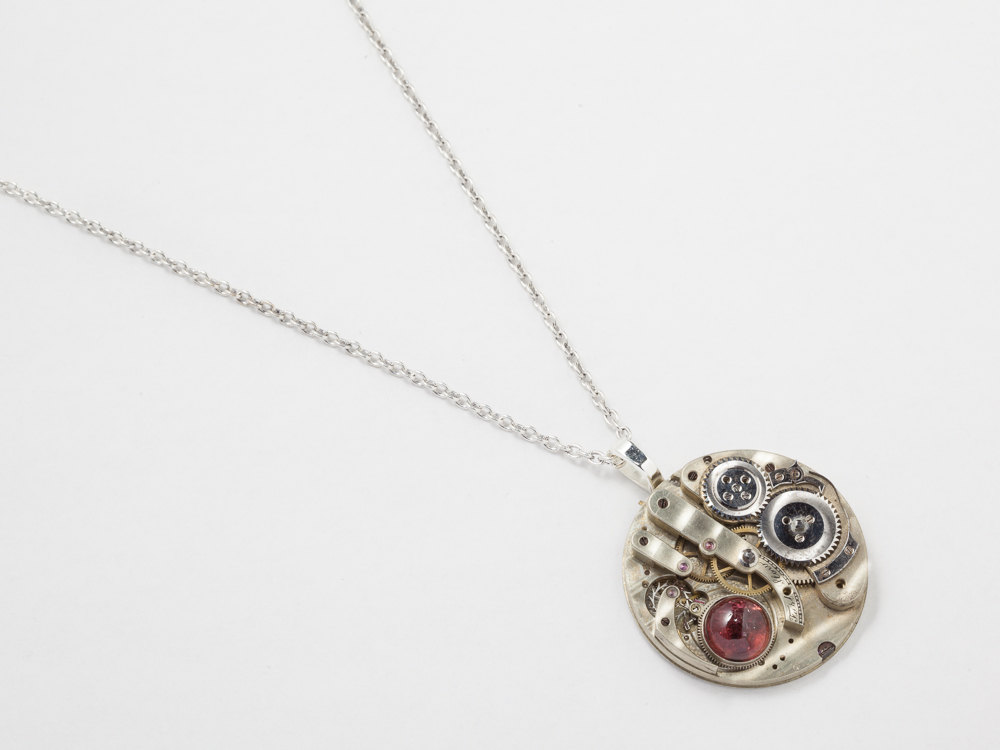 Steampunk jewelry Steampunk Necklace pocket watch movement gold gears genuine red garnet mens womens pendant Statement
