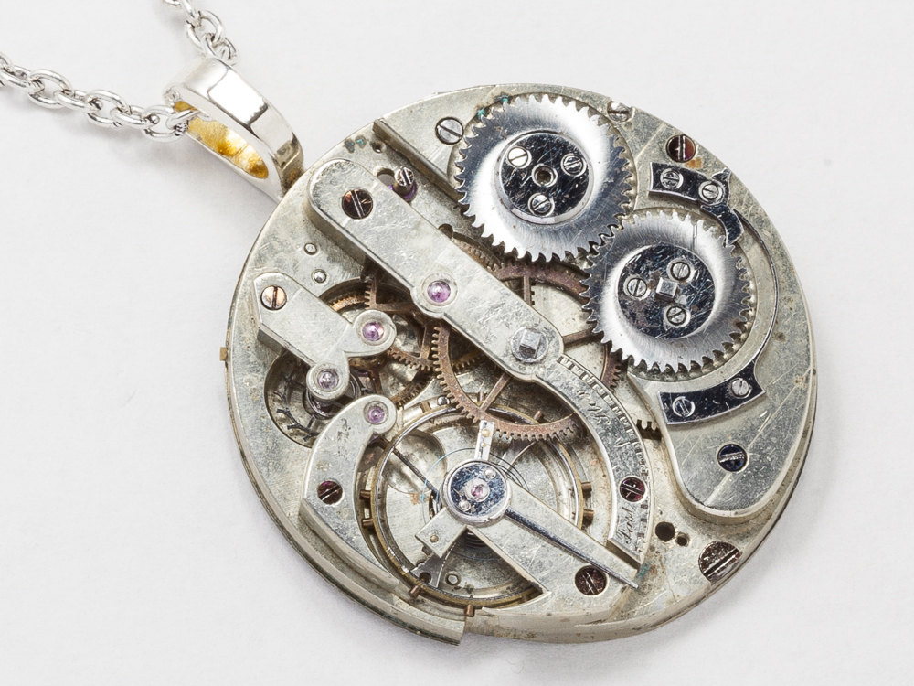 Steampunk jewelry Steampunk Necklace silver key Rare pocket watch movement circa 1880 men women unisex pendant Statement