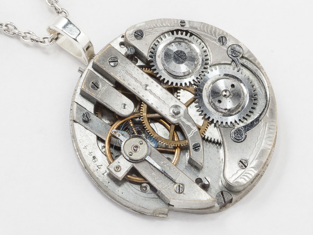 Steampunk jewelry Steampunk Necklace silver pocket watch movement gears Antique Victorian men women Pendant Statement Necklace