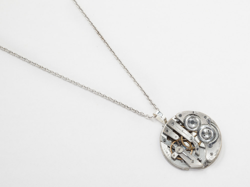 Steampunk jewelry Steampunk Necklace silver pocket watch movement gears Antique Victorian men women Pendant Statement Necklace