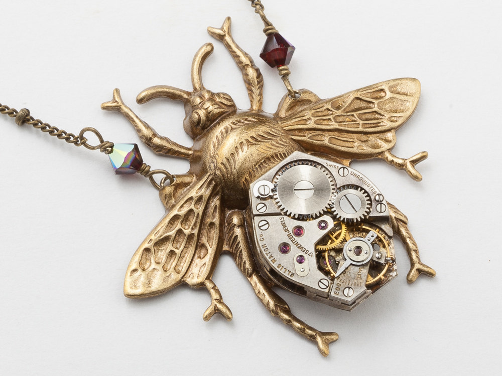 Steampunk Jewelry Steampunk Necklace silver watch movement cog gold bumble bee red ruby crystal pendant Statement Necklace