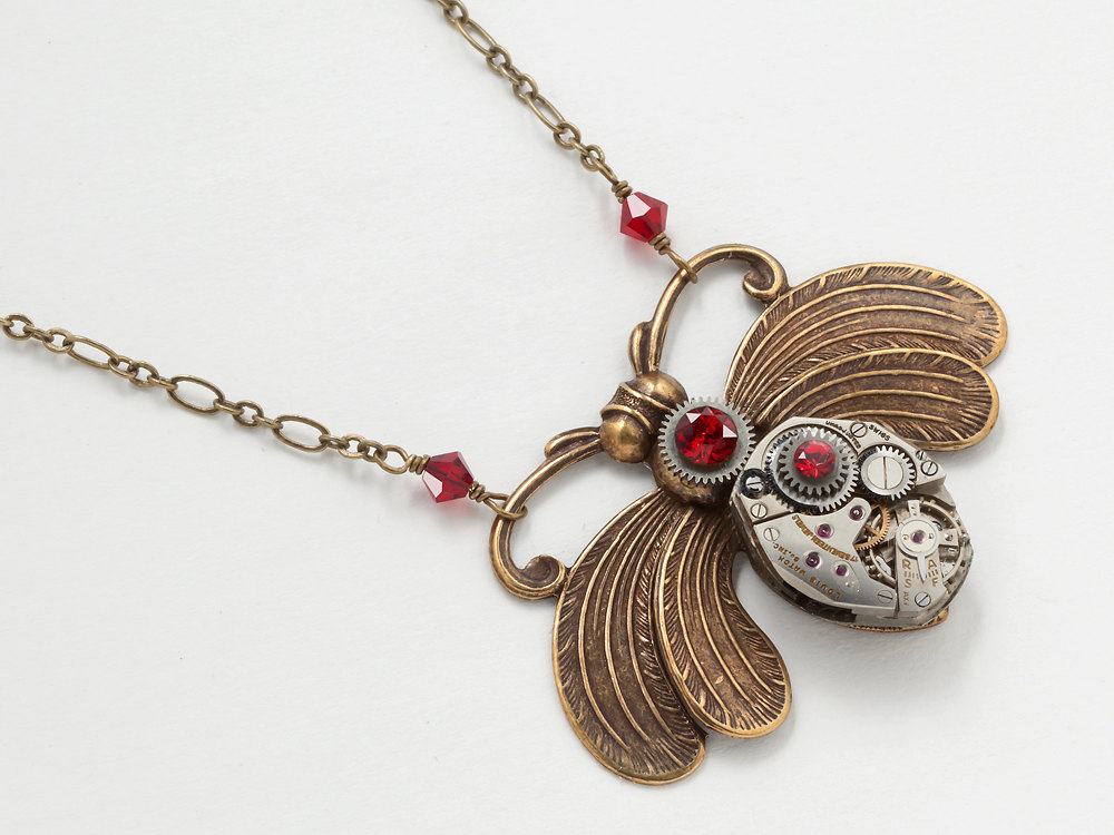 Steampunk jewelry Steampunk Necklace silver watch movement gears bumble bee ruby red crystal gold pendant industrial Statement
