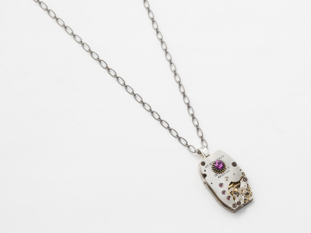 Steampunk jewelry Steampunk Necklace silver watch movement gold gears purple amethyst Swarovski crystal unisex pendant womens
