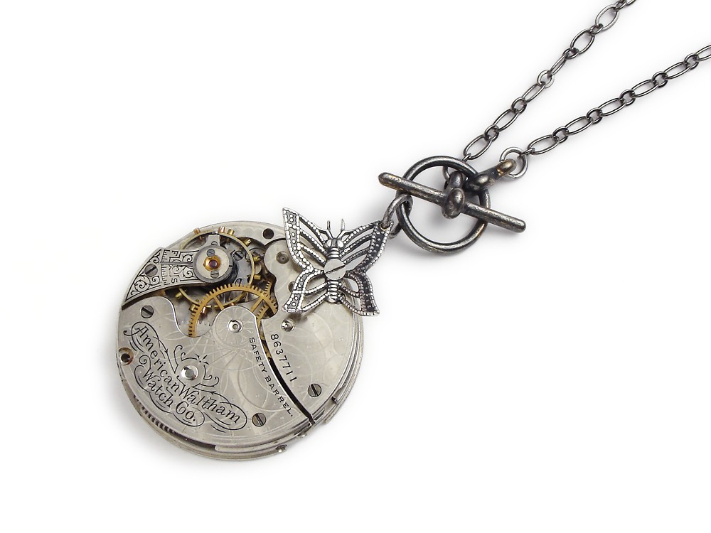 Steampunk Jewelry Steampunk Necklace Vintage Waltham pocket watch gears flower engraved silver filigree butterfly pendant Statement Necklace