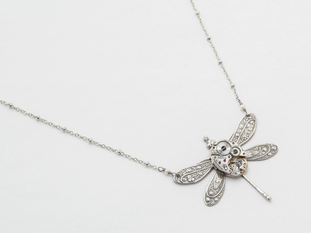 Steampunk jewelry Steampunk Necklace vintage watch movement silver dragonfly pendant flower with pearl & Swarovski crystal Statement Gift