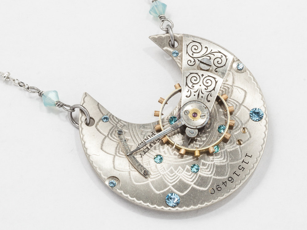 Steampunk jewelry Steampunk Necklace Waltham silver pocket watch movement gold gears aquamarine blue crystal pendant Statement