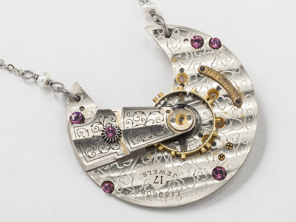 Steampunk jewelry Steampunk Necklace Waltham silver pocket watch movement pearl gold amethyst purple crystal pendant Statement