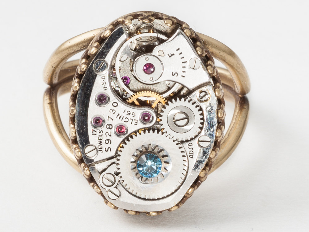 Steampunk Jewelry Steampunk Ring silver watch movement gears Blue Aquamarine crystal gold filigree band Statement Cocktail ring