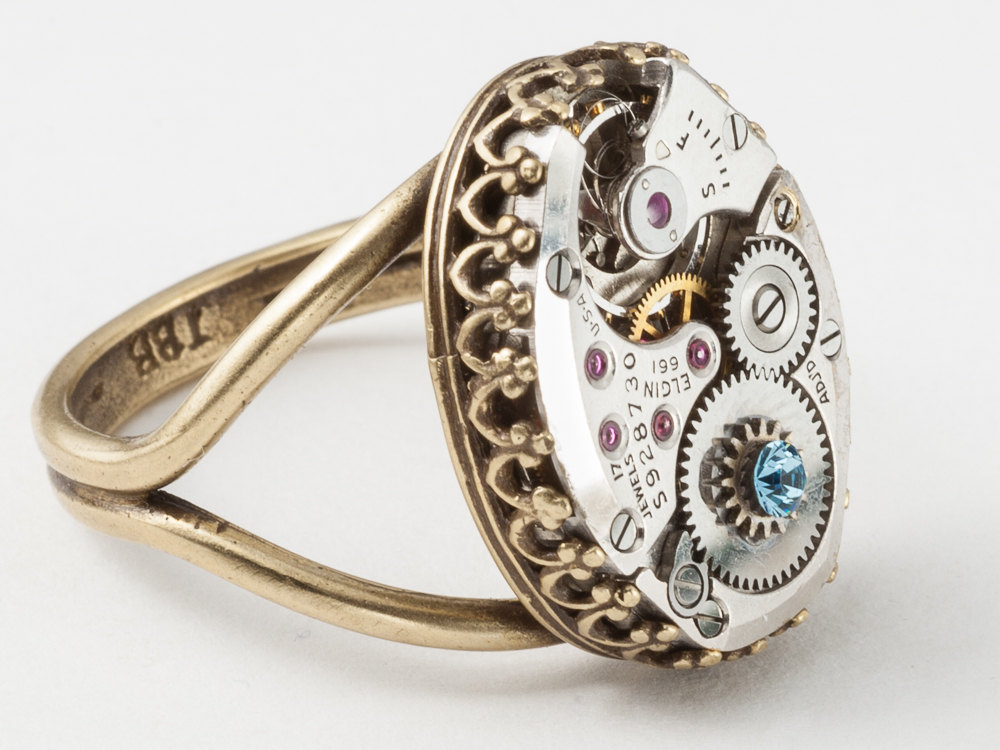 Steampunk Jewelry Steampunk Ring silver watch movement gears Blue Aquamarine crystal gold filigree band Statement Cocktail ring