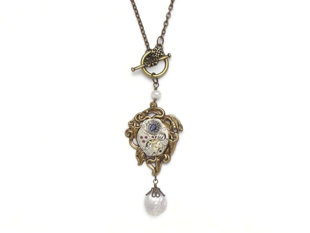 Steampunk lariat Necklace silver wristwatch movement gears antique 1940 Art nouveau inspired gold calla lily flower genuine blue sapphire gemstone and freshwater pearls filigree pendant