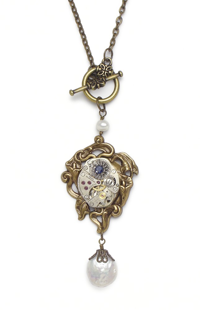 Steampunk lariat Necklace silver wristwatch movement gears antique 1940 Art nouveau inspired gold calla lily flower genuine blue sapphire gemstone and freshwater pearls filigree pendant