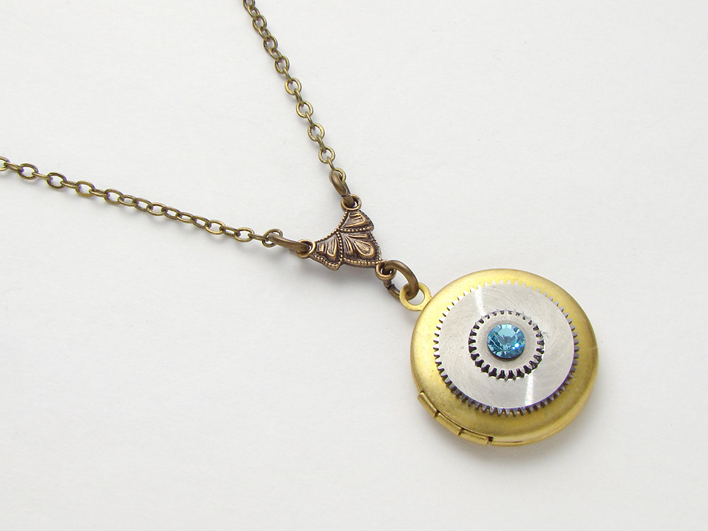 Steampunk Locket Necklace antique silver pocket watch gear blue aquamarine Swarovski crystal gold