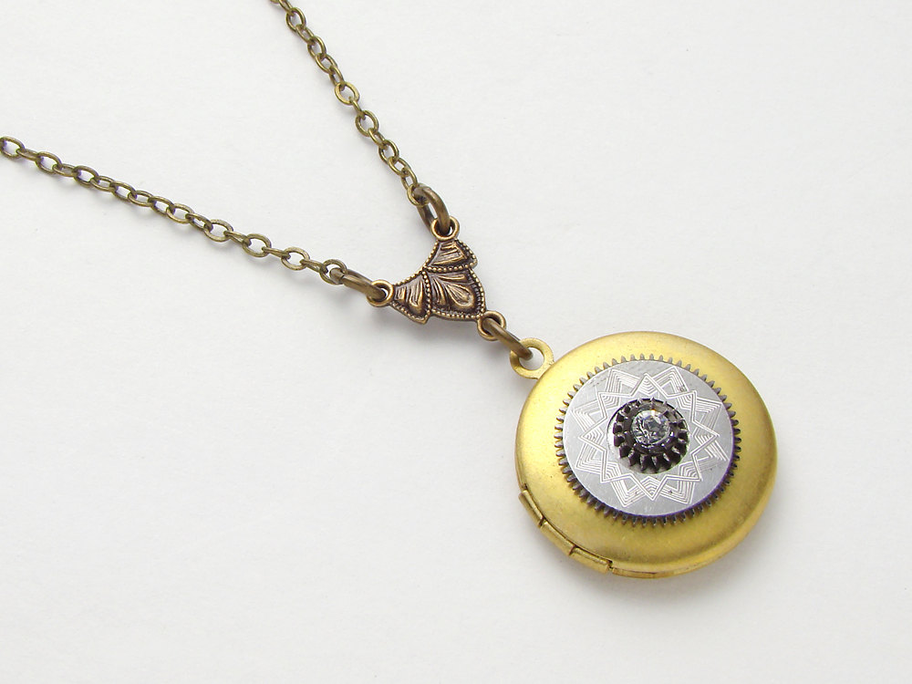 Steampunk Locket Necklace antique silver pocket watch gear engraved Swarovski crystal gold round