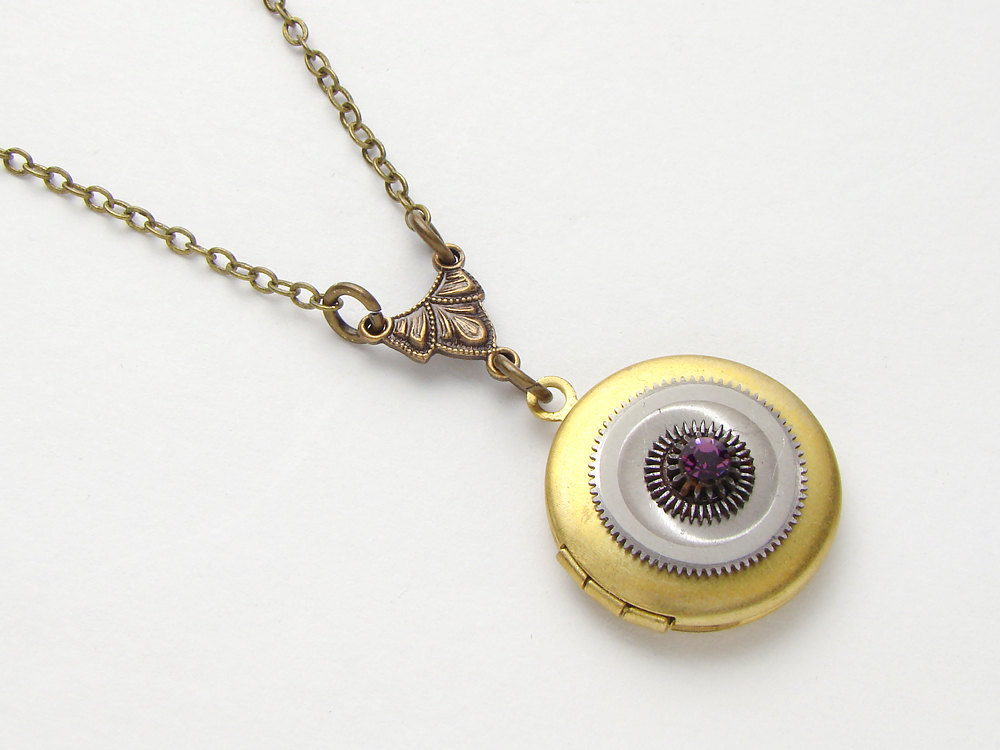 Steampunk Locket Necklace antique silver pocket watch gear purple amethyst Swarovski crystal gold
