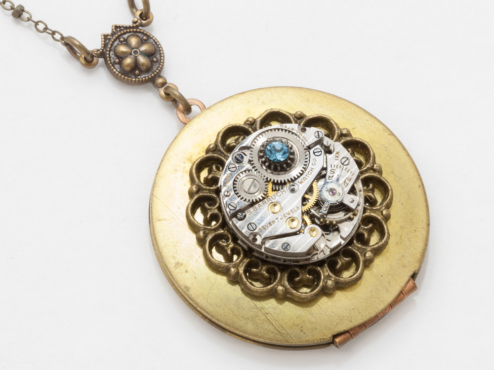 Steampunk Locket Necklace Antique silver watch movement aquamarine blue crystal gold locket filigree pendant Steampunk Jewelry