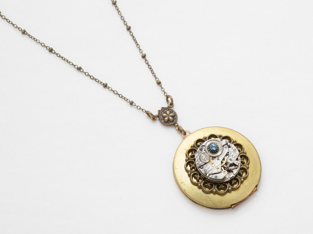 Steampunk Locket Necklace Antique silver watch movement aquamarine blue crystal gold locket filigree pendant Steampunk Jewelry